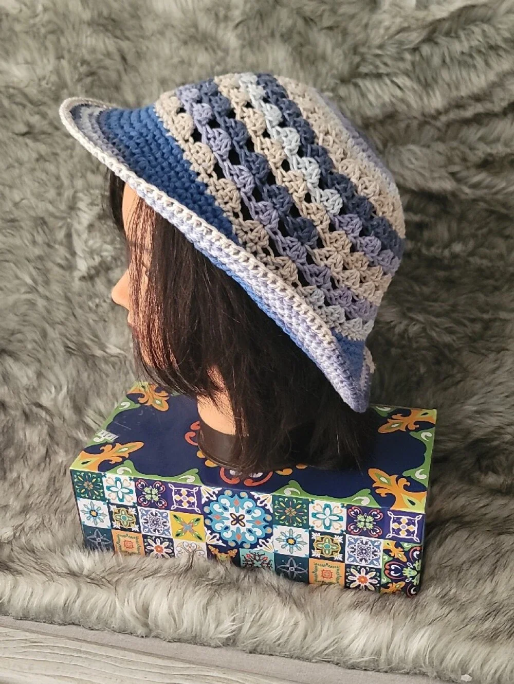 Handmade Crochet Bucket Hat in Blue and Cream - Women Accessories